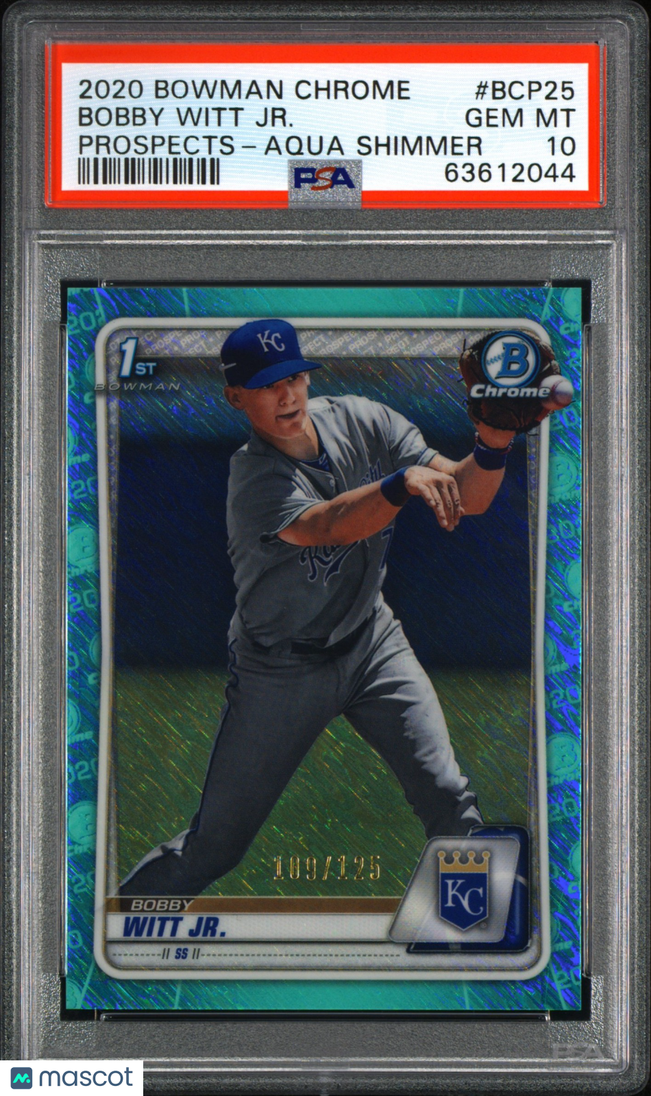 2020 Bowman Chrome Bobby Witt JR #BCP25 Aqua Shimmer /125 Rookie Low Pop PSA 10