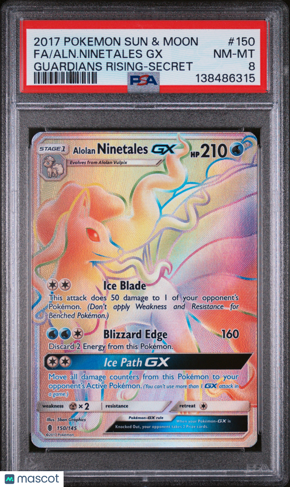 2017 Pokemon Sun & Moon Guardians Rising Aln. Ninetales GX Fa-Secret PSA 8 #150