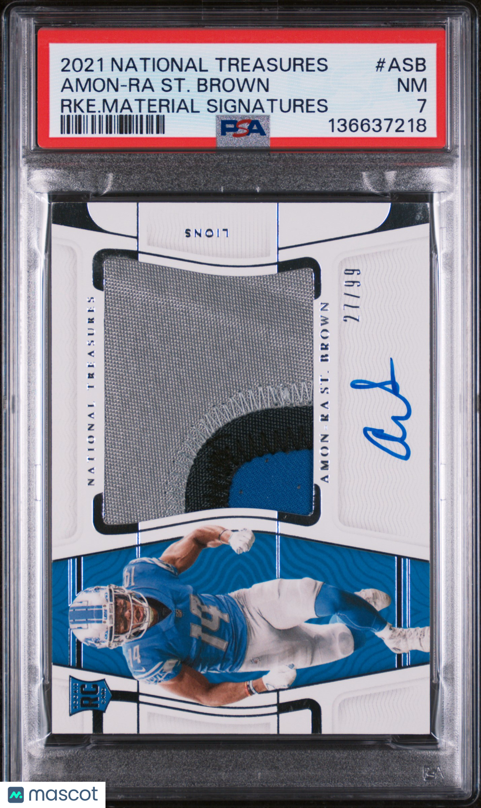 2021 National Treasures Rookie Material Signatures Amon-Ra ST. Brown /99 PSA 7