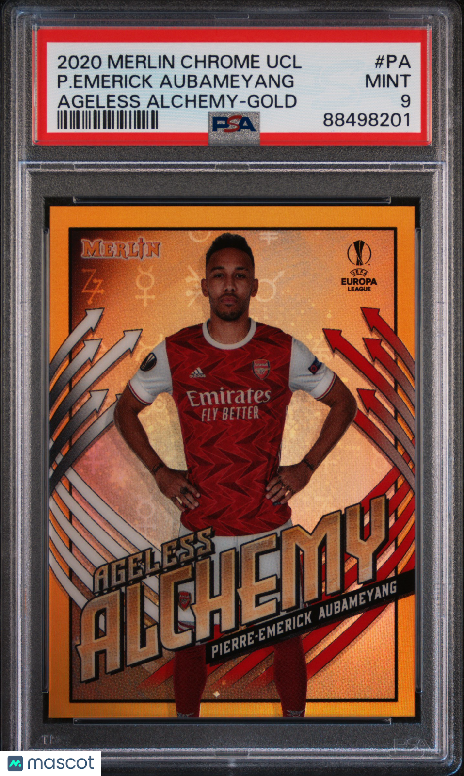 2020 Topps Merlin Chrome UEFA CL Ageless Alchemy Emerick Aubameyang Gold PSA 9
