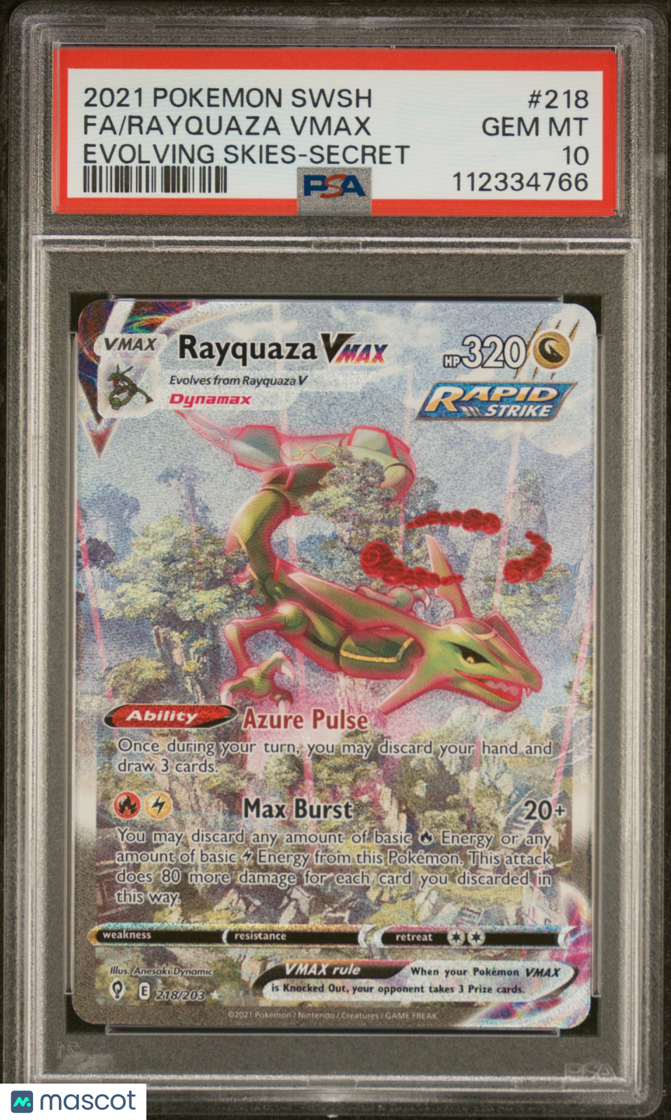 2021 Pokemon TCG Rayquaza Vmax #218 Full Art Rare Evolving Skies-Secret PSA 10