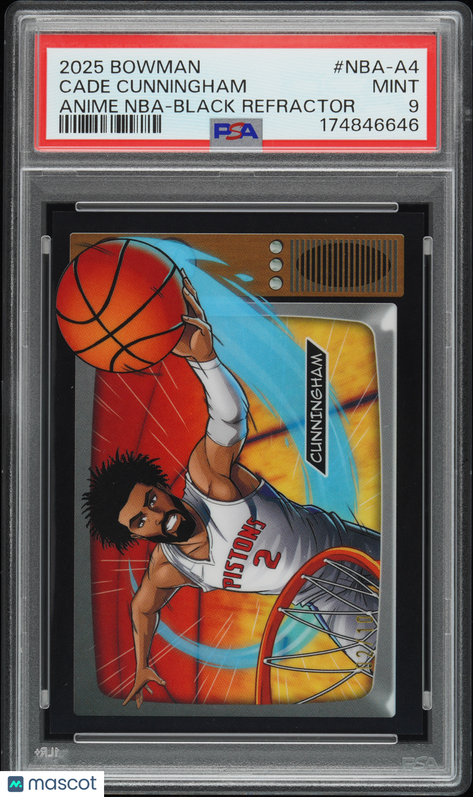 2025 Bowman Chrome Anime Cade Cunningham Black Ref #2/10 Jersey # PSA 9