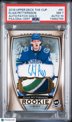 2018 Upper Deck The Cup Elias Pettersson #61 Rookie Gold Patch #/12 Auto PSA 7