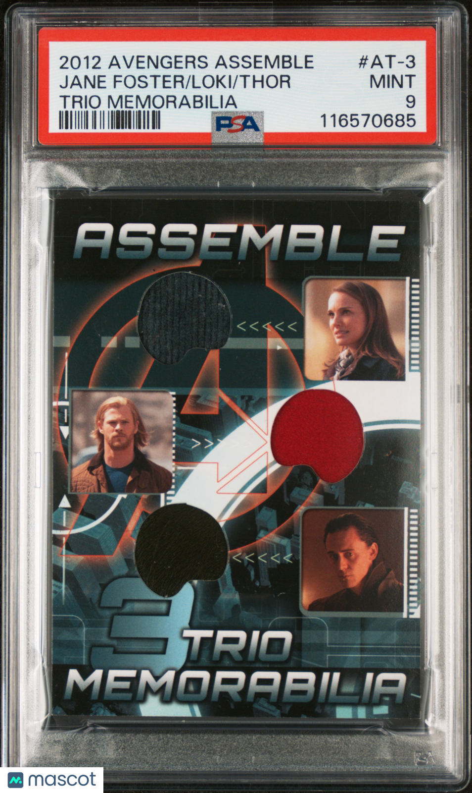 2012 Avengers Assemble Trio Memorabilia Thor Loki Jane Foster Wardrobe Patches Mint Triple Combo Relic #AT-3 PSA 9