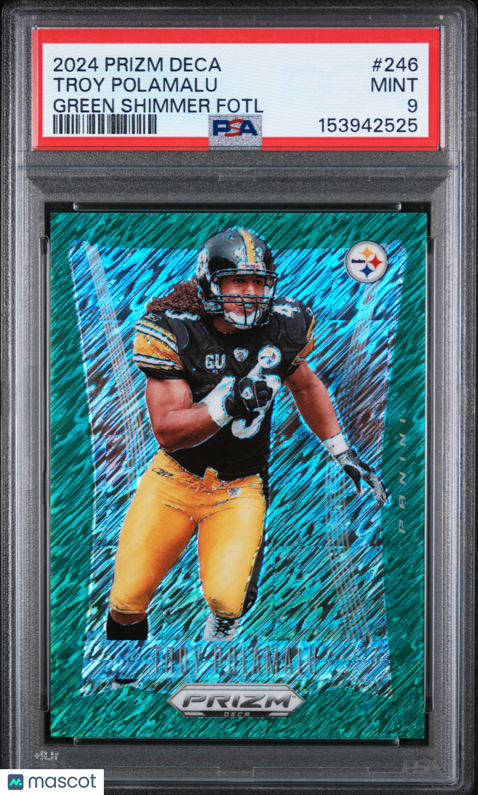 2024 Panini Prizm Deca Troy Polamalu #246 Green Shimmer Fotl #/12 PSA 9