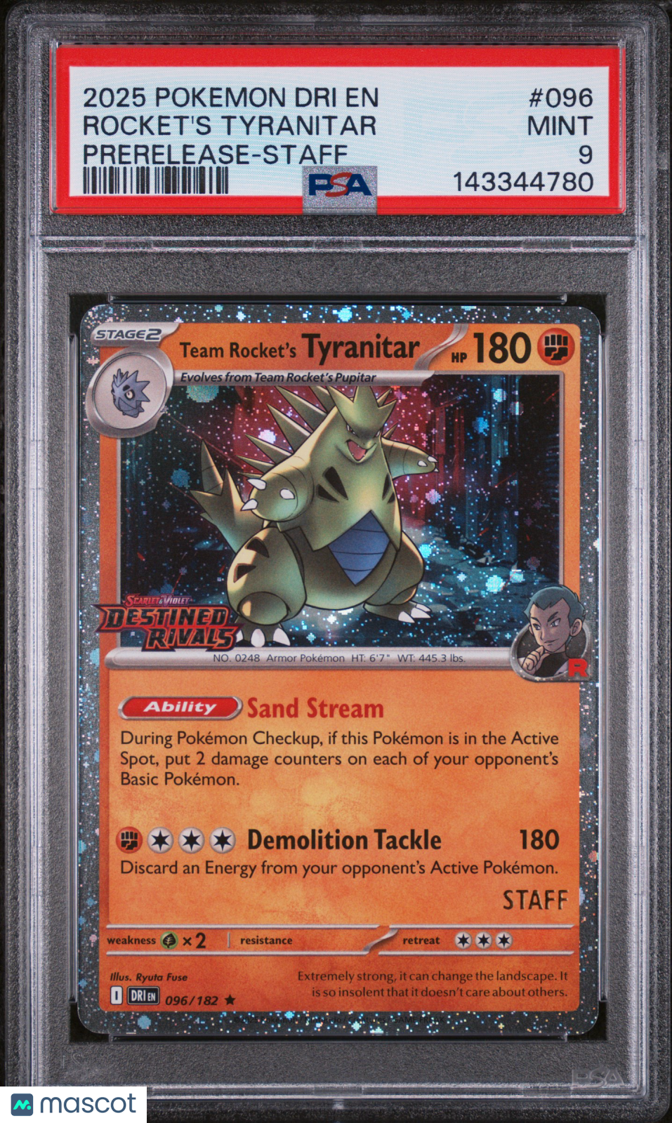 2025 Pokemon EN-Destined Rivals Rocket's Tyranitar Prerelease-Staff PSA 9 #096