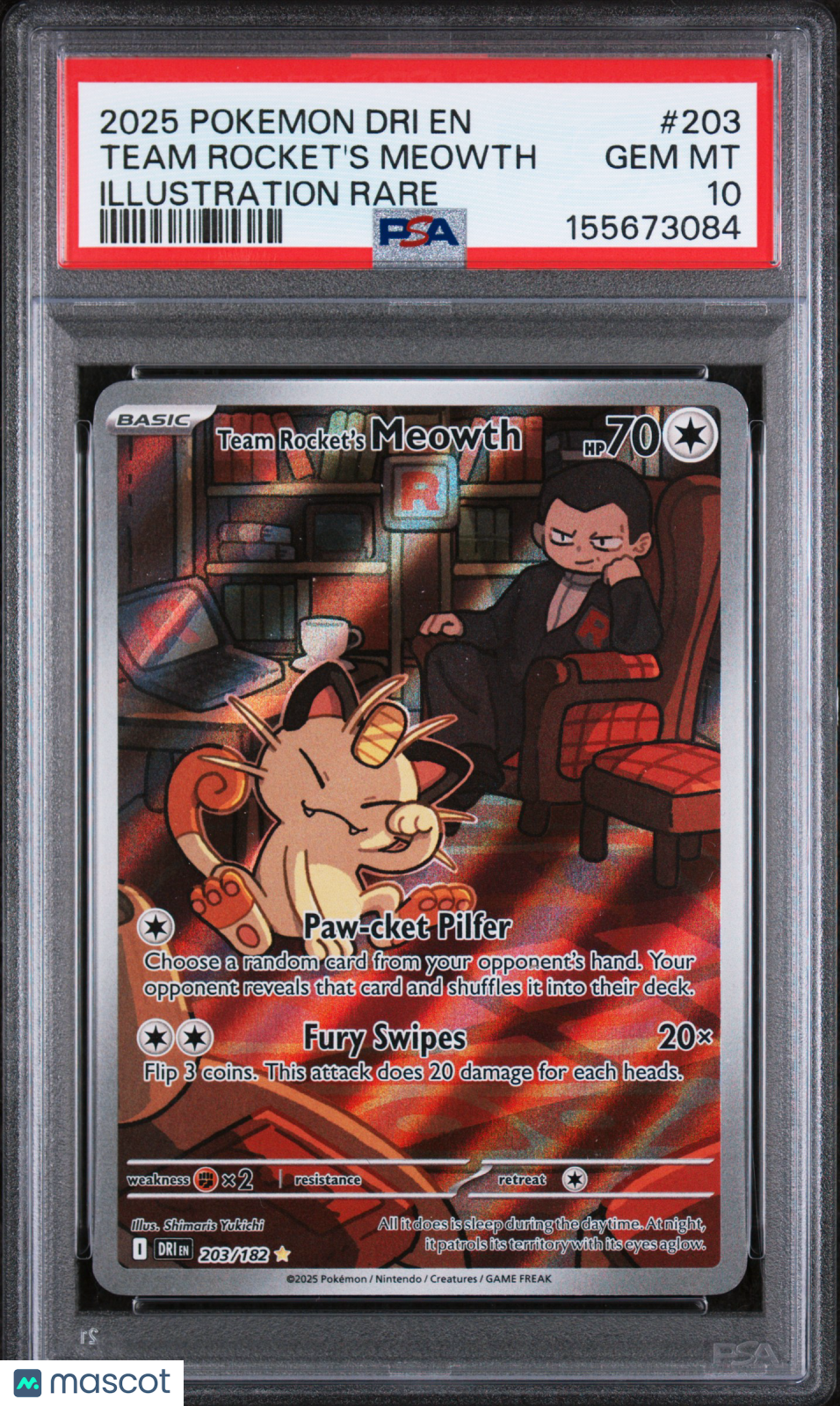 2025 Pokemon Destined Rivals Team Rocket's Meowth Illustration Rare PSA 10 #203