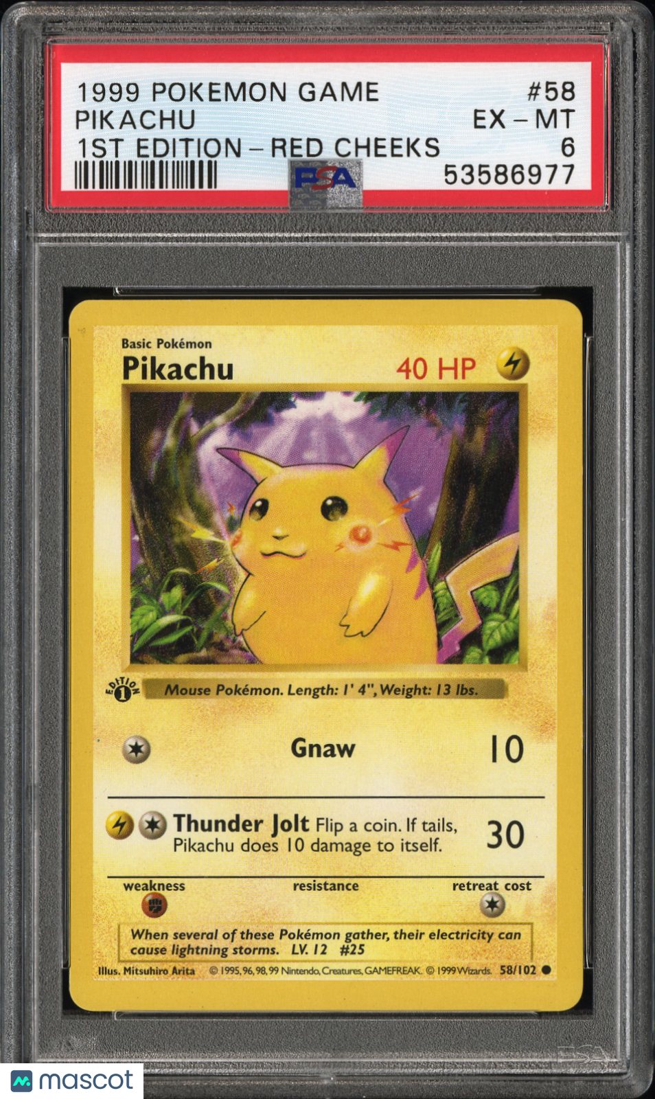 1999 Pokemon Game Pikachu #58 1ST Edition Red Cheeks Error PSA 6