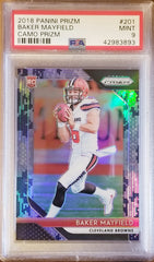 BAKER MAYFIELD 2018 PANINI PRIZM CAMO REFRACTOR ROOKIE RC #/75 PSA 9 BROWNS