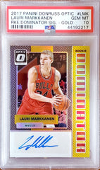 LAURI MARKKANEN 2017-18 DONRUSS OPTIC DOMINATORS GOLD #/10 ROOKIE AUTO PSA 10 BULLS