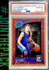 LUKA DONCIC 2018-19 OPTIC FASTBREAK RATED ROOKIE RED DISCO PRIZM #/85 SP PSA 10 GEM MAVS