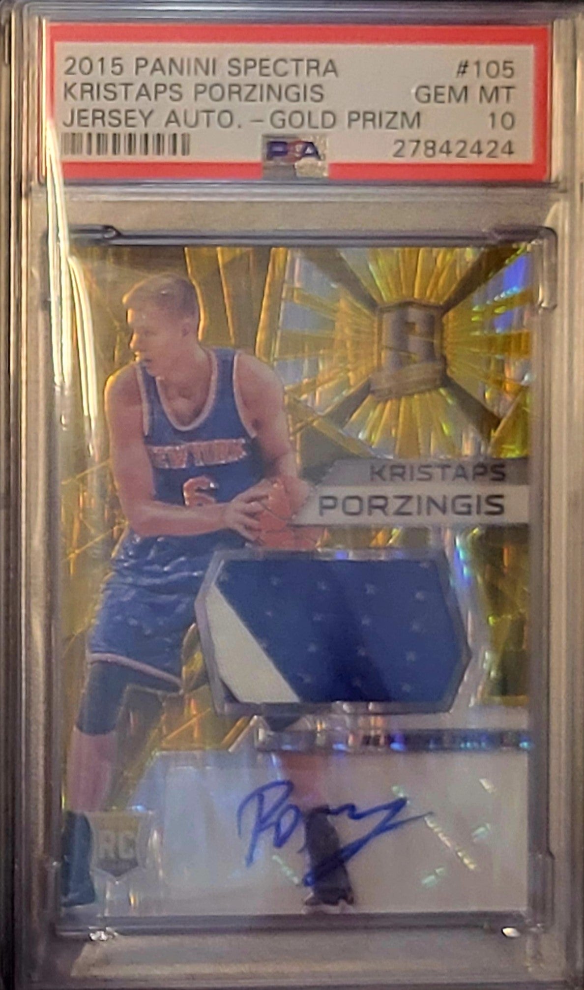 2015 PANINI SPECTRA BASKETBALL KRISTAPS PORZINGIS JERSEY AUTO.-GOLD PRIZM # 105 GEM MT 10