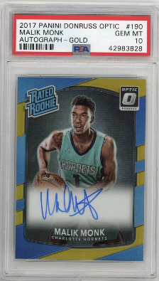 MALIK MONK 2017 PANINI DONRUSS OPTIC AUTO GOLD PRIZM #1/10 ROOKIE RC PSA 10