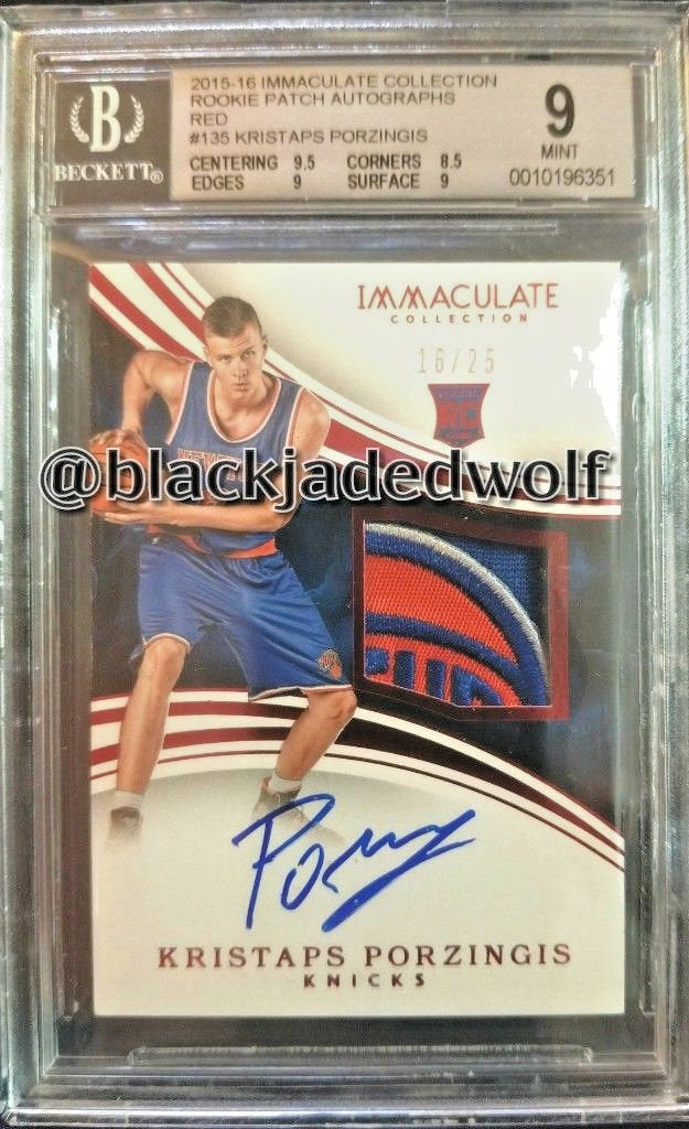 KRISTAPS PORZINGIS 2015-16 IMMACULATE RED ROOKIE KNICKS LOGO PATCH AUTO RC BGS 9