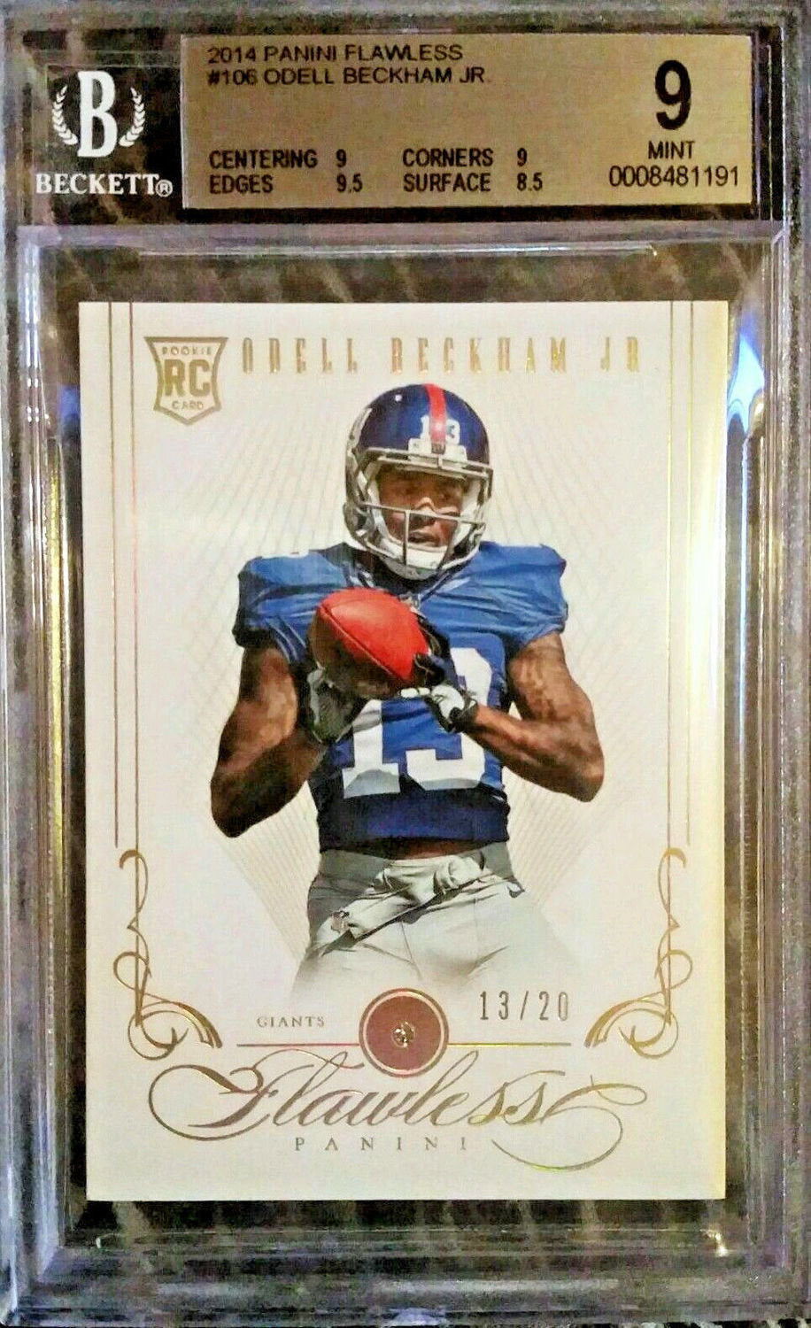 ODELL BECKHAM JR 2014 FLAWLESS ROOKIE RC DIAMOND #13/20 JERSEY NUMBER 1/1 BGS